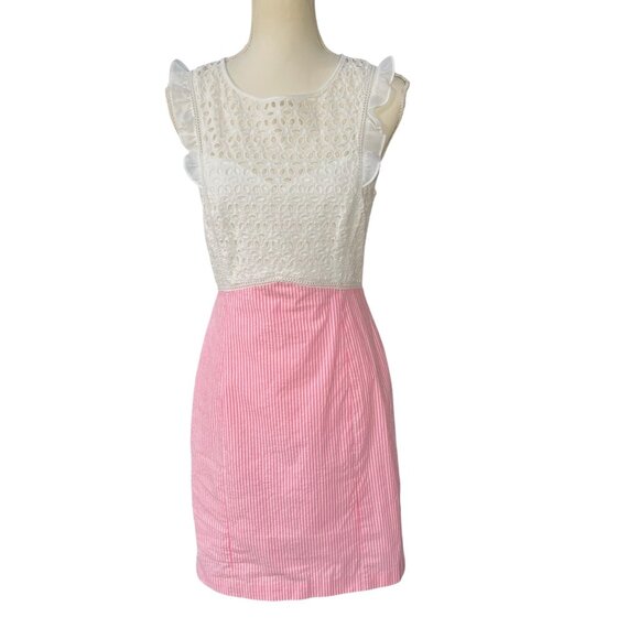 Lilly Pulitzer Maya Seersucker Ruffle Sleeve Eyelet Bodice Pink Striped Size 6 - Picture 1 of 9